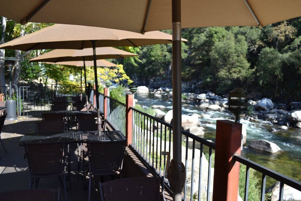 patio dining with river view