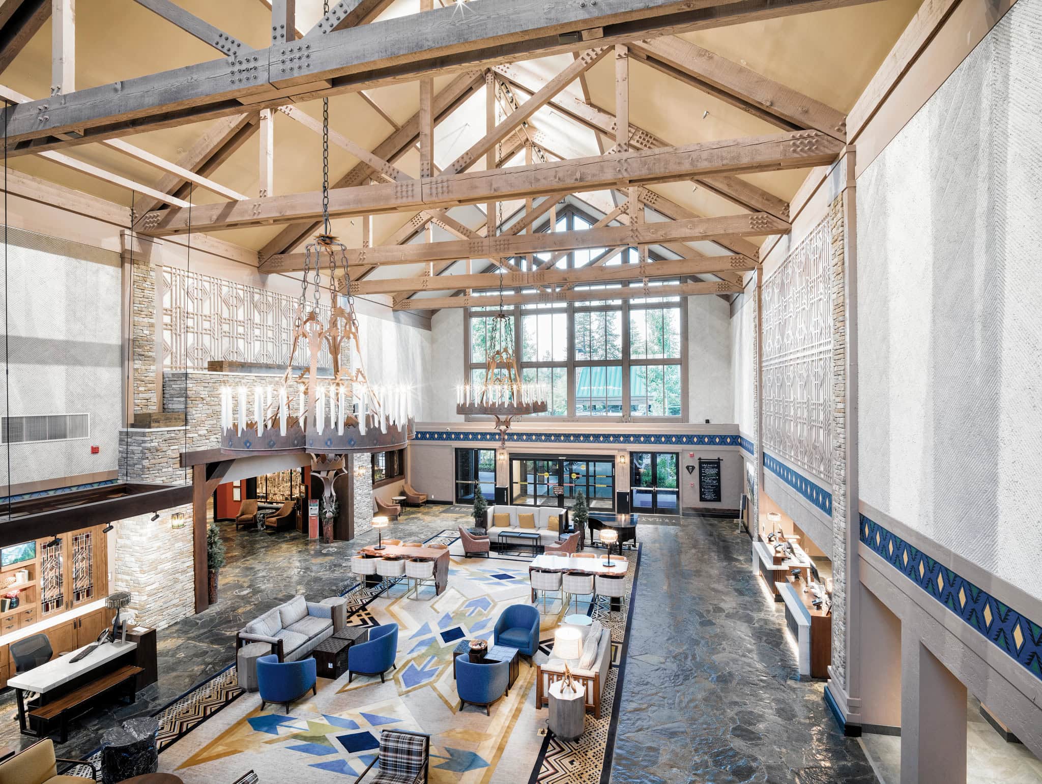 Tenaya at Yosemite lobby with wooden beams, slate floors and arts & crafts styling.